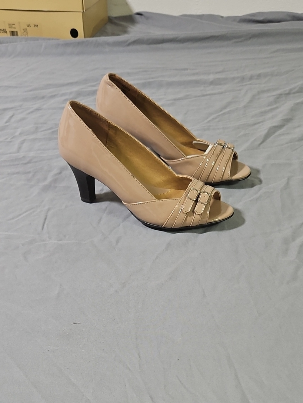 Classic Nude Patent Peep-Toe Heels with Buckle Accent